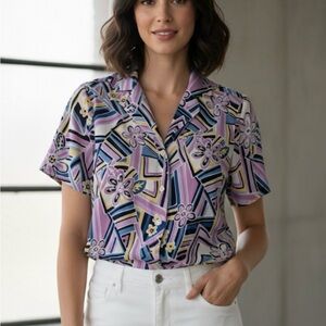 ALFRED DUNNER Geometric and Floral Pattern Blouse, Women’s 8, Purple Blue